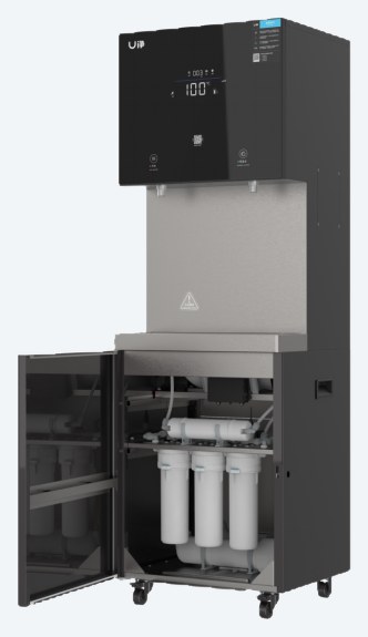 U-Series cabinet open showing the reverse-osmosis filter cartridges in the service compartment